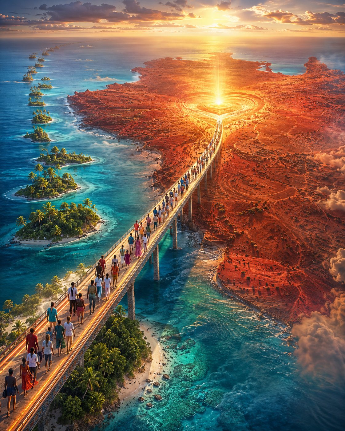 The vision: a chain of palm-covered islands in turquoise water, joined by a long bridge crowded with people walking both ways, leading into the red earth of Australia where a great light breaks open at the heart of the land